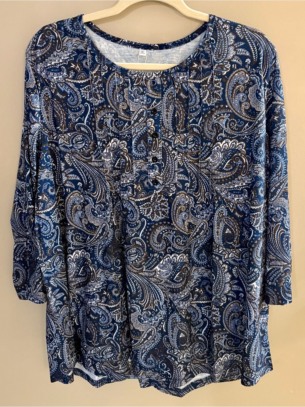 Women’s 3X Navy Paisley Print 3/4 Sleeve Top